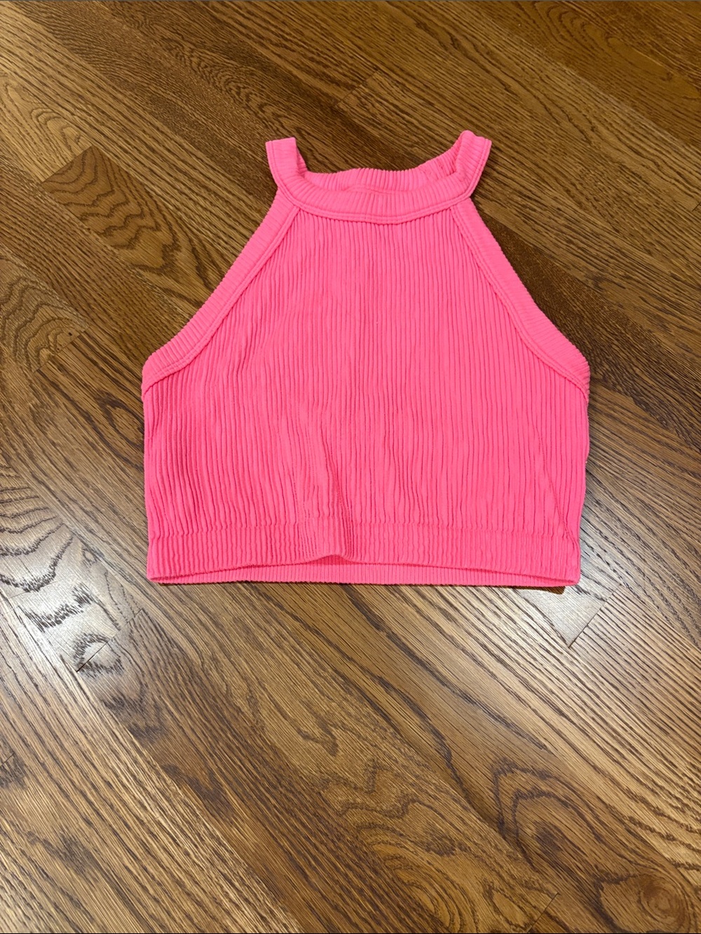 aerie Neon Pink Ribbed High-Neck Crop Top